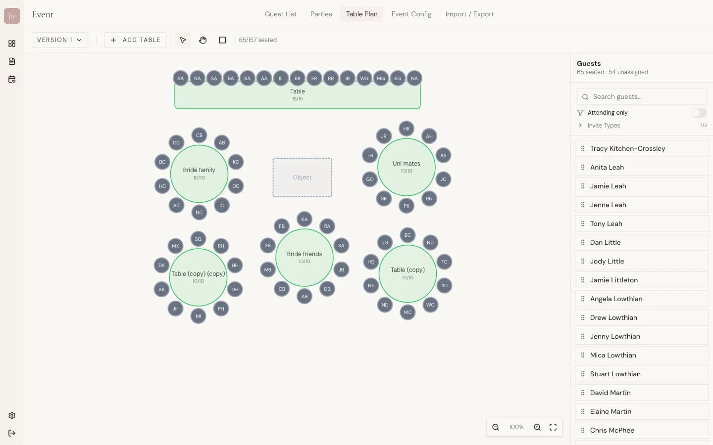 Interactive table planner with drag-and-drop seating